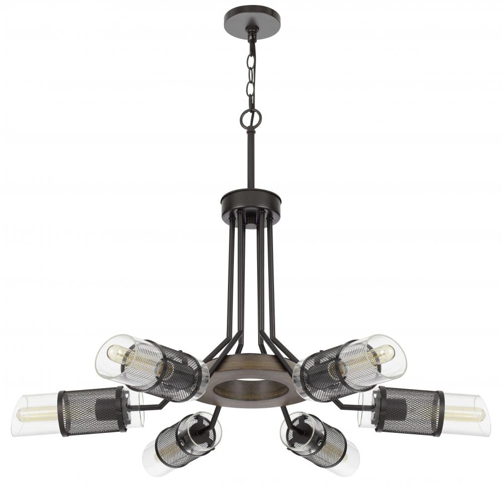 60W x 6 Savona pine wood/metal chandelier with double layer glass/metal mesh shade.