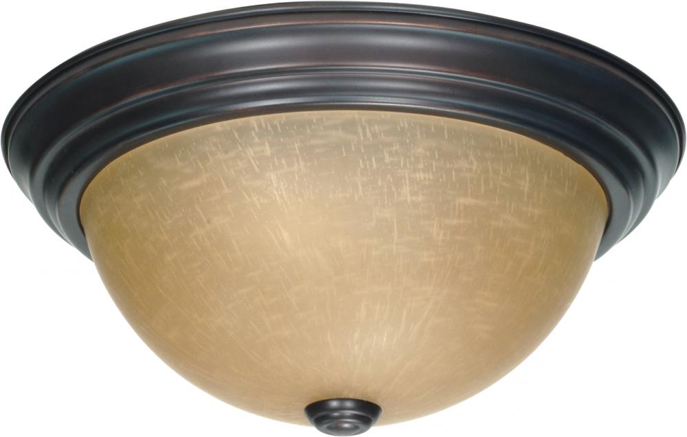 2 Light; 13 in.; Flush Mount with Champagne Linen Washed Glass; Mahogany Bronze Finish
