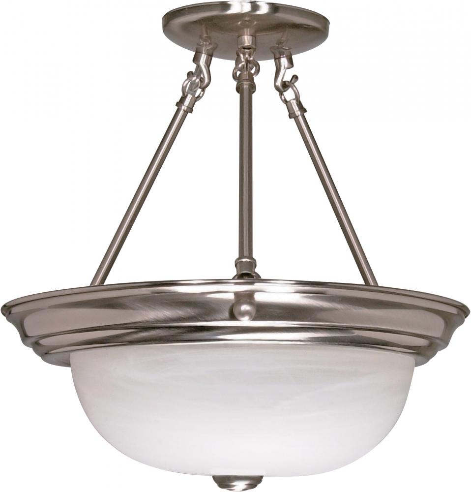 2 Light; 13 in.; Semi-Flush; Alabaster Glass; Brushed Nickel Finish