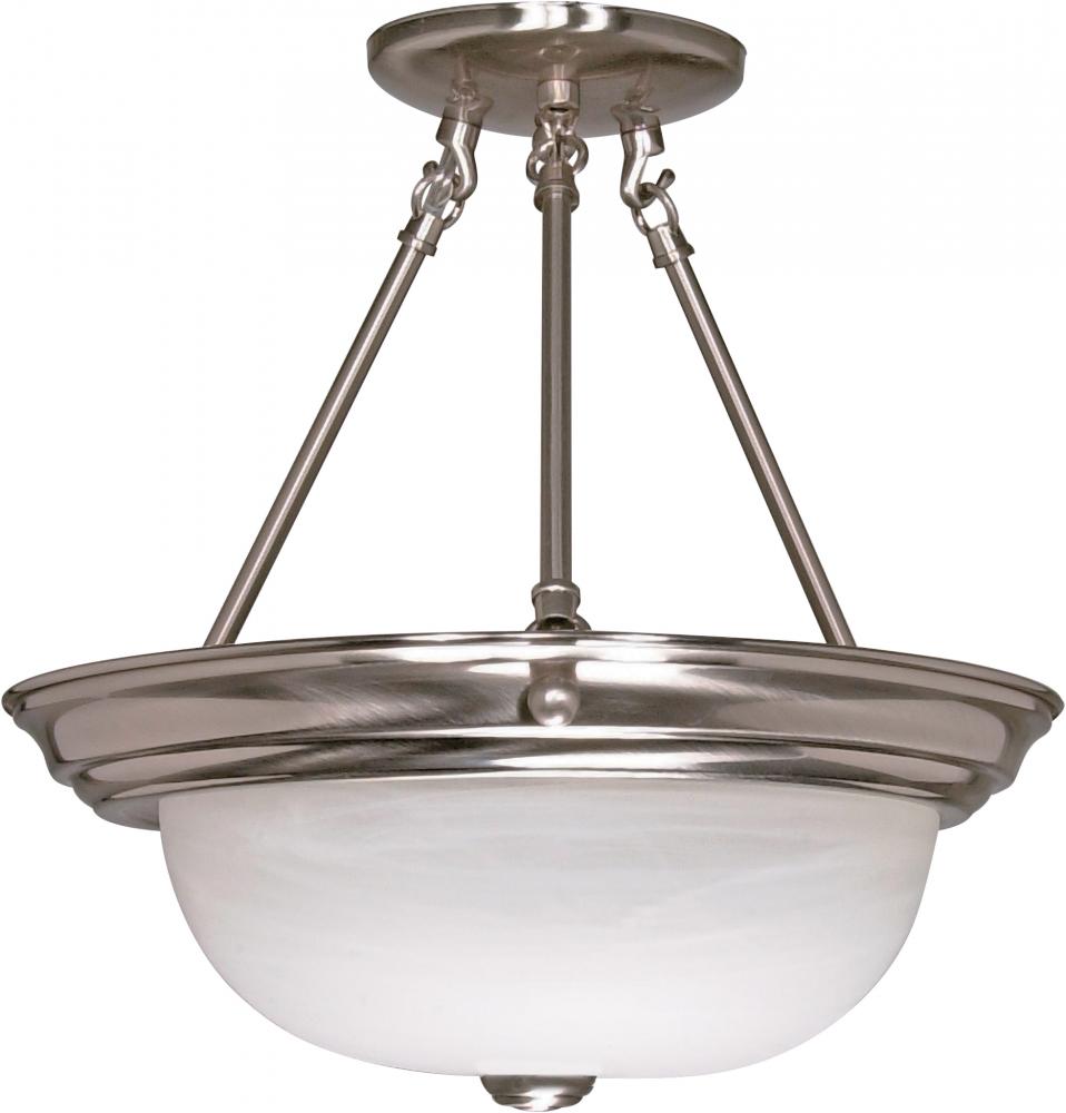3 Light; 15 in.; Semi-Flush; Alabaster Glass; Brushed Nickel Finish