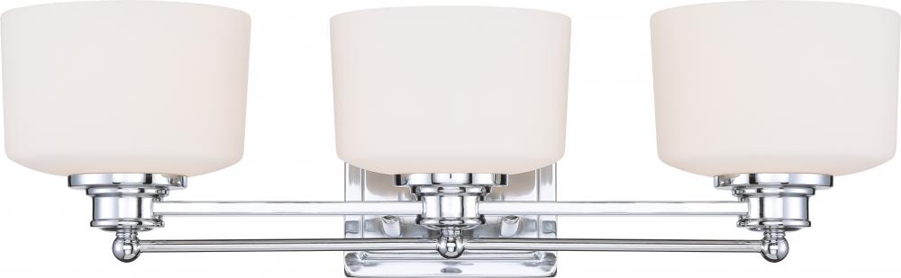 Soho; 3 Light; Vanity Fixture with Satin White Glass; Polished Chrome Finish