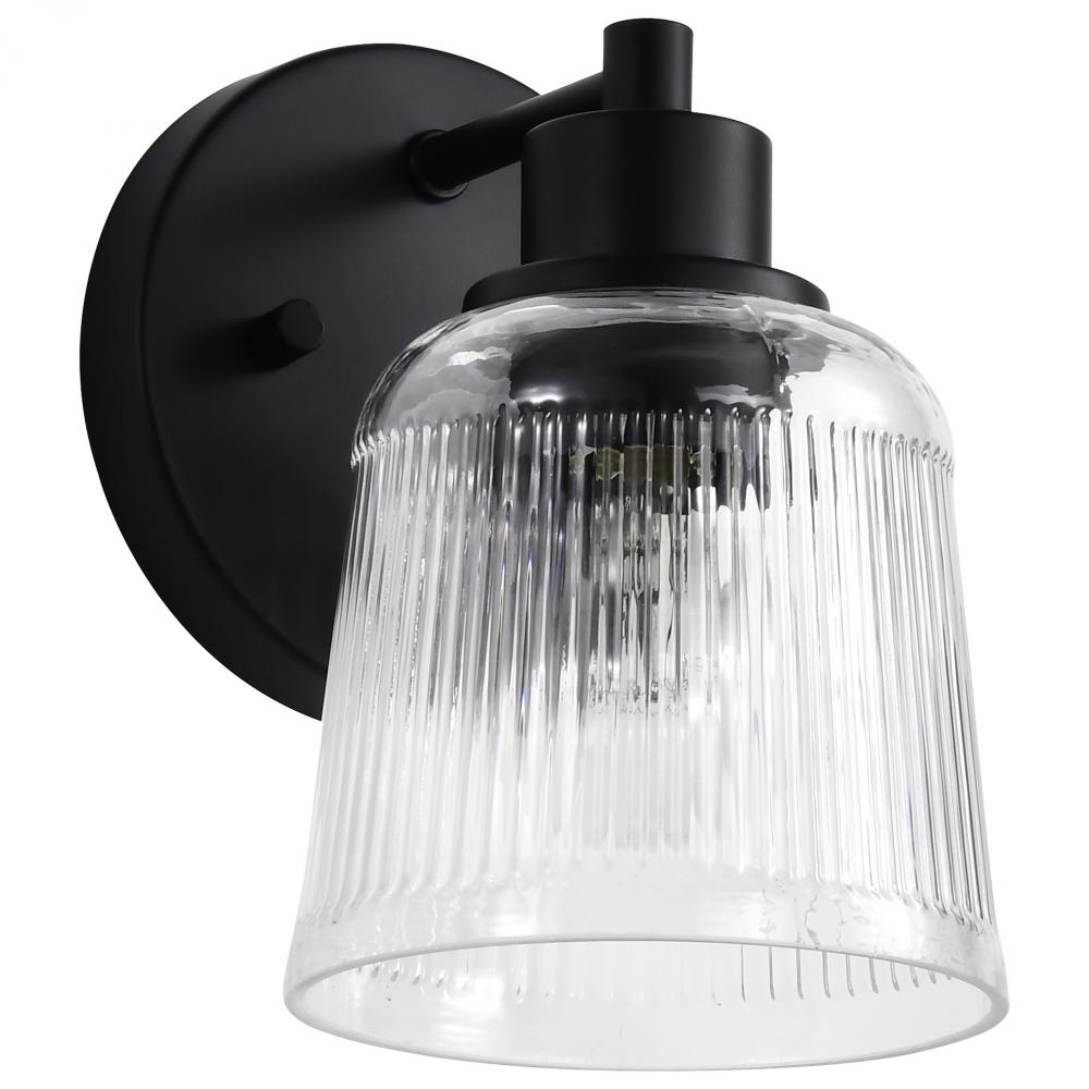 Grayson; 1 Light Vanity; Matte Black Finish; Clear Ribbed Glass