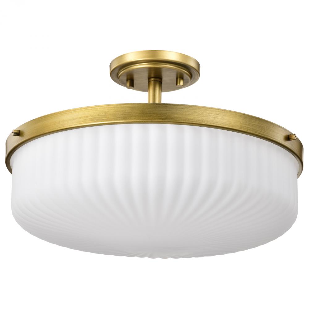 Solara; Semi Flush Mount; Natural Brass Finish; Frosted Ribbed Glass