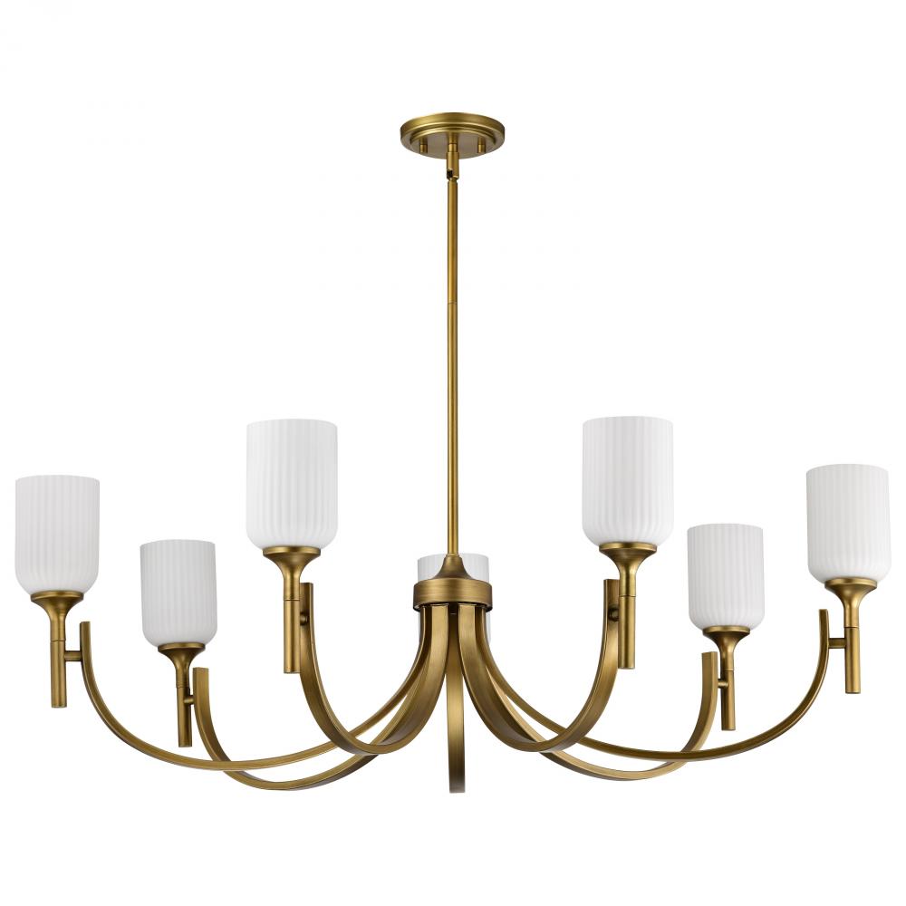Solara; 7 Light Chandelier; Natural Brass Finish; Frosted Ribbed Glass